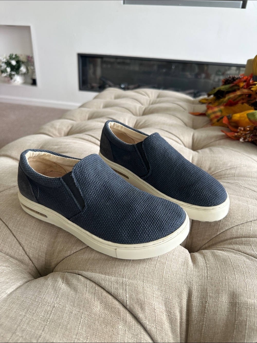Birkenstock Women's Slip-On Loafers in Navy Blue with White Sole